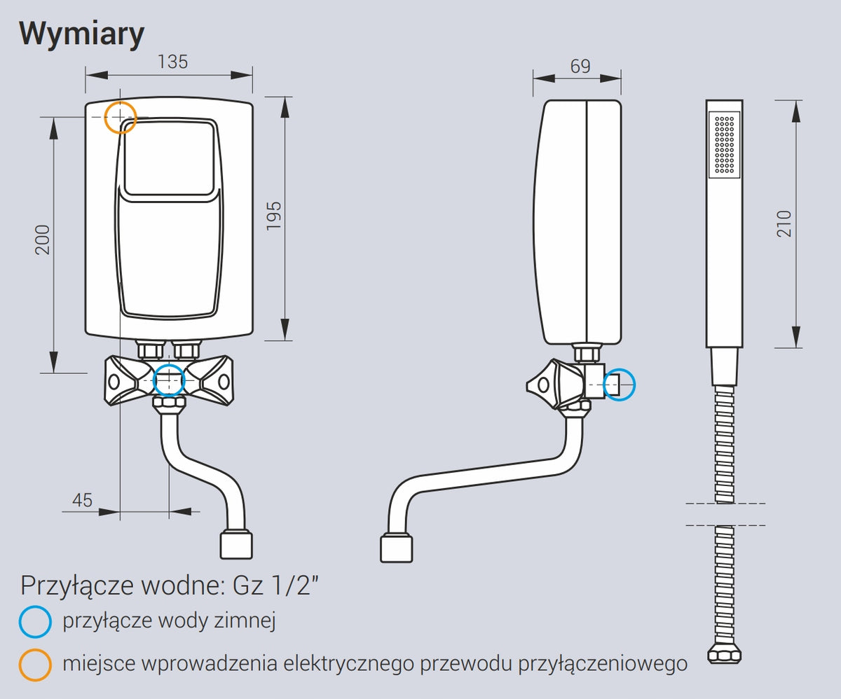 Prysznicowy przepływowy podgrzewacz wody Kospel EPS2.P 5,5kW