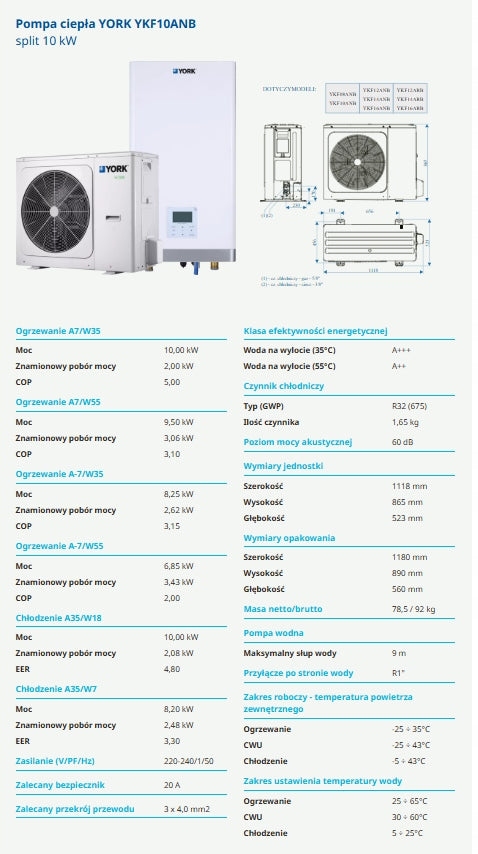 Pompa ciepła YORK YKF10ANB split 10kW Sterowanie WiFi