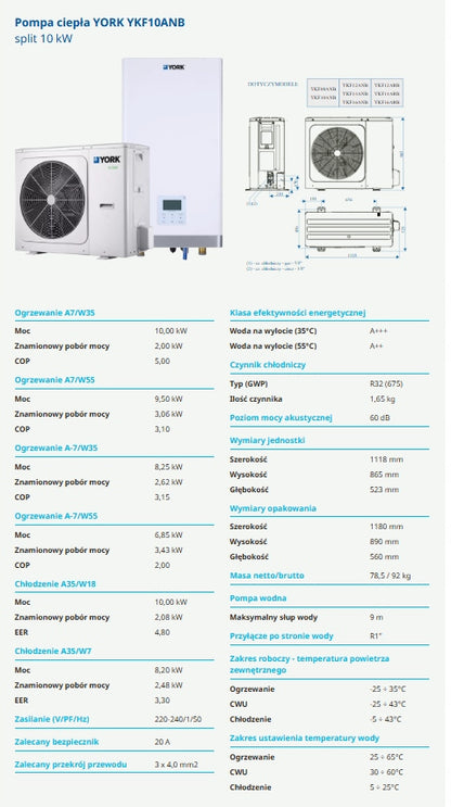 Pompa ciepła YORK YKF10ANB split 10kW Sterowanie WiFi
