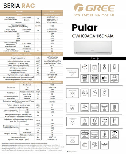 Klimatyzacja domowa GREE Pular Shiny 2,6kW WiFi Klimatyzator Grzanie