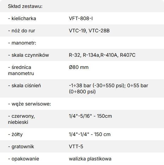Zestaw narzędzi montażowych VALUE VTB-5B-I + pręty do gięcia rur 4m