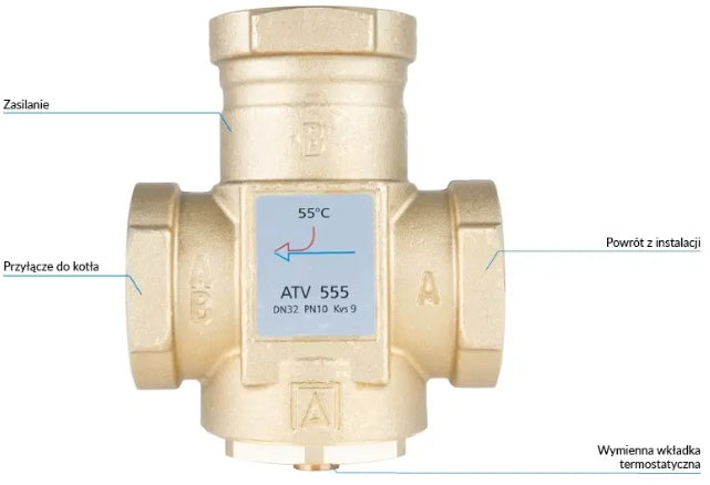 Zawór temperaturowy ATV 555 Niezawodność Precyzja DN32, Rp1 1/4" kvs 9